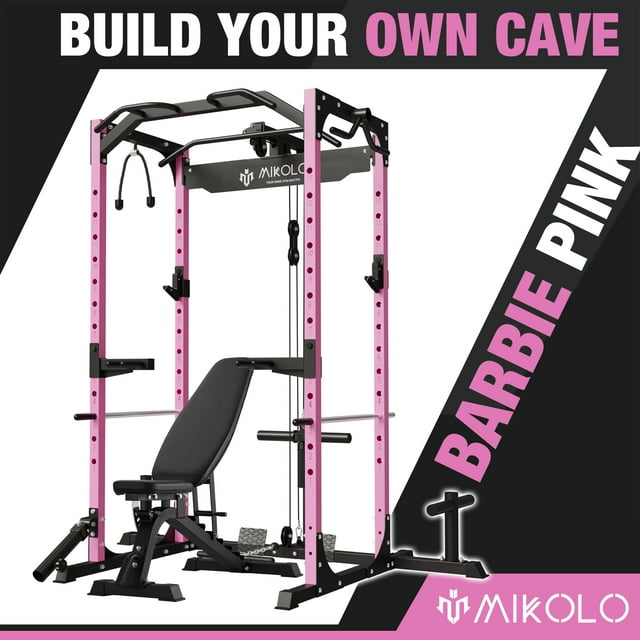 Mikolo Power Rack Cage with LAT Pulldown System,1200LBS Capacity Power Rack with 800 lbs Capacity Weight Bench Combo, Multi-Functional Squat Rack (Upgraded)