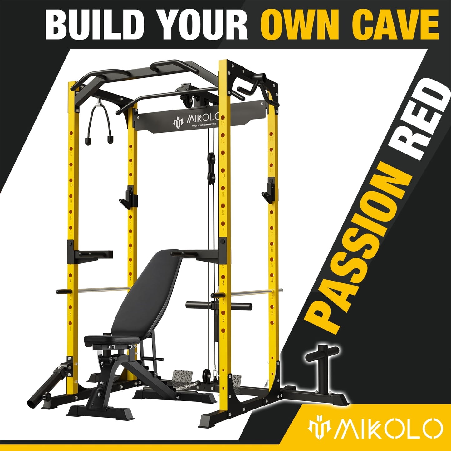 Mikolo Power Rack Cage with LAT Pulldown System,1200LBS Capacity Power Rack with 800 lbs Capacity Weight Bench Combo, Multi-Functional Squat Rack (Upgraded)