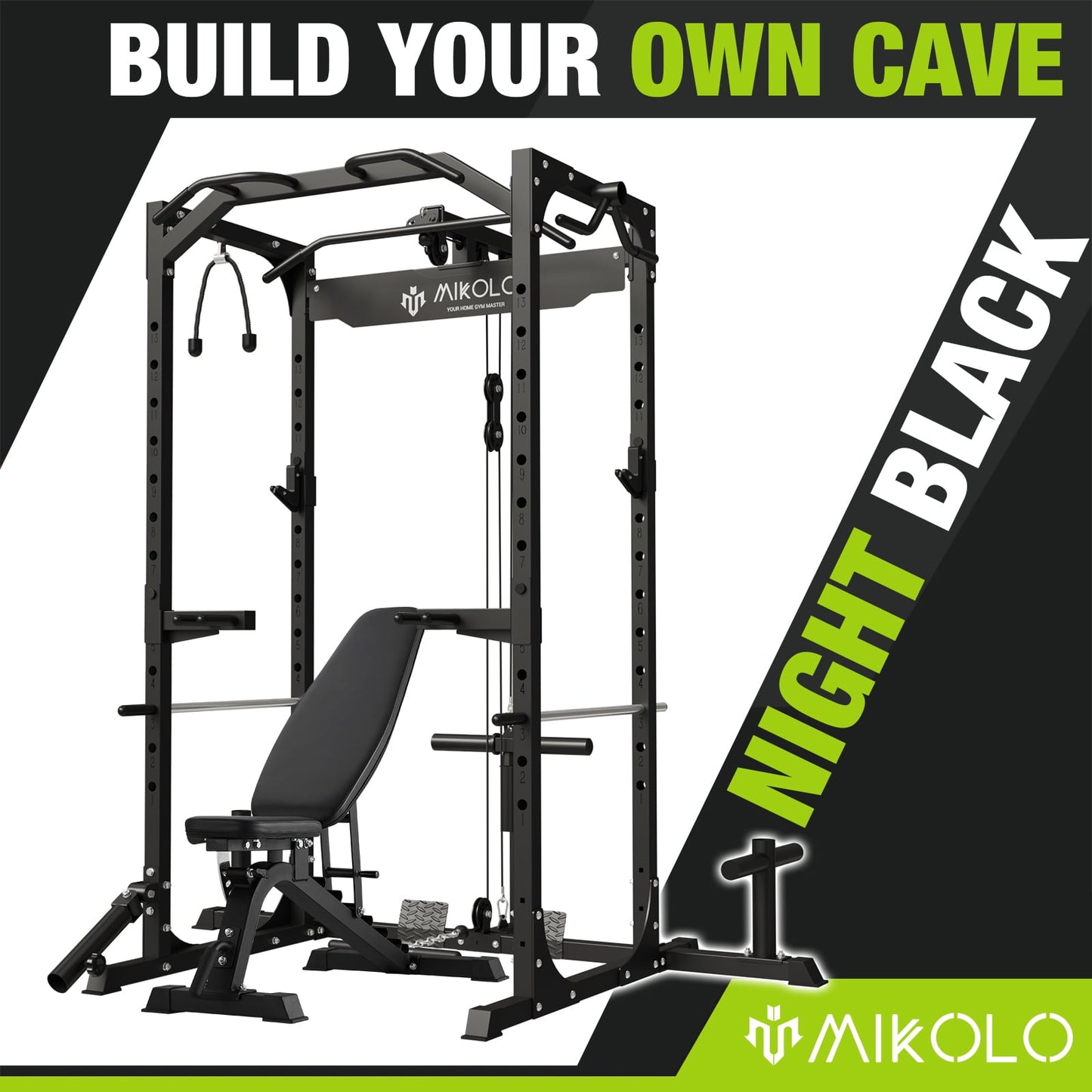 Mikolo Power Rack Cage with LAT Pulldown System,1200LBS Capacity Power Rack with 800 lbs Capacity Weight Bench Combo, Multi-Functional Squat Rack (Upgraded)