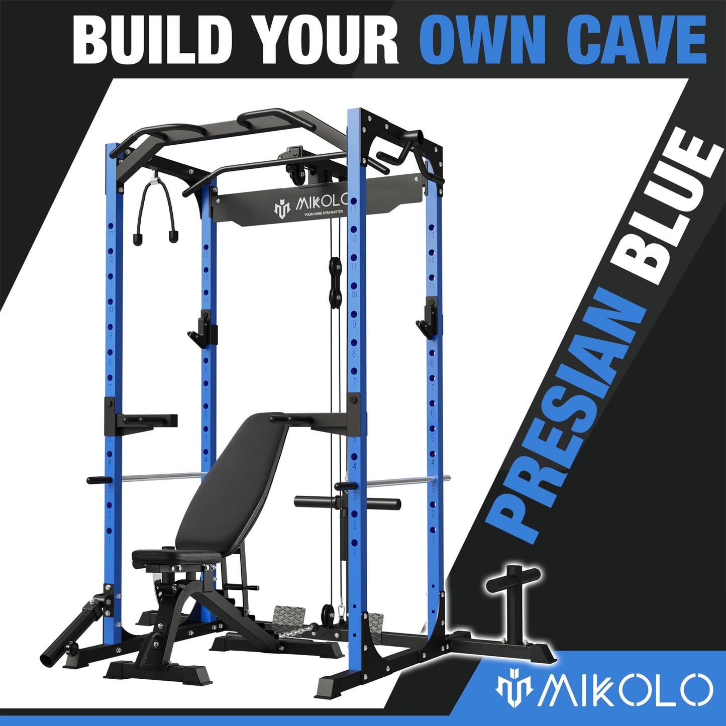 Mikolo Power Rack Cage with LAT Pulldown System,1200LBS Capacity Power Rack with 800 lbs Capacity Weight Bench Combo, Multi-Functional Squat Rack (Upgraded)