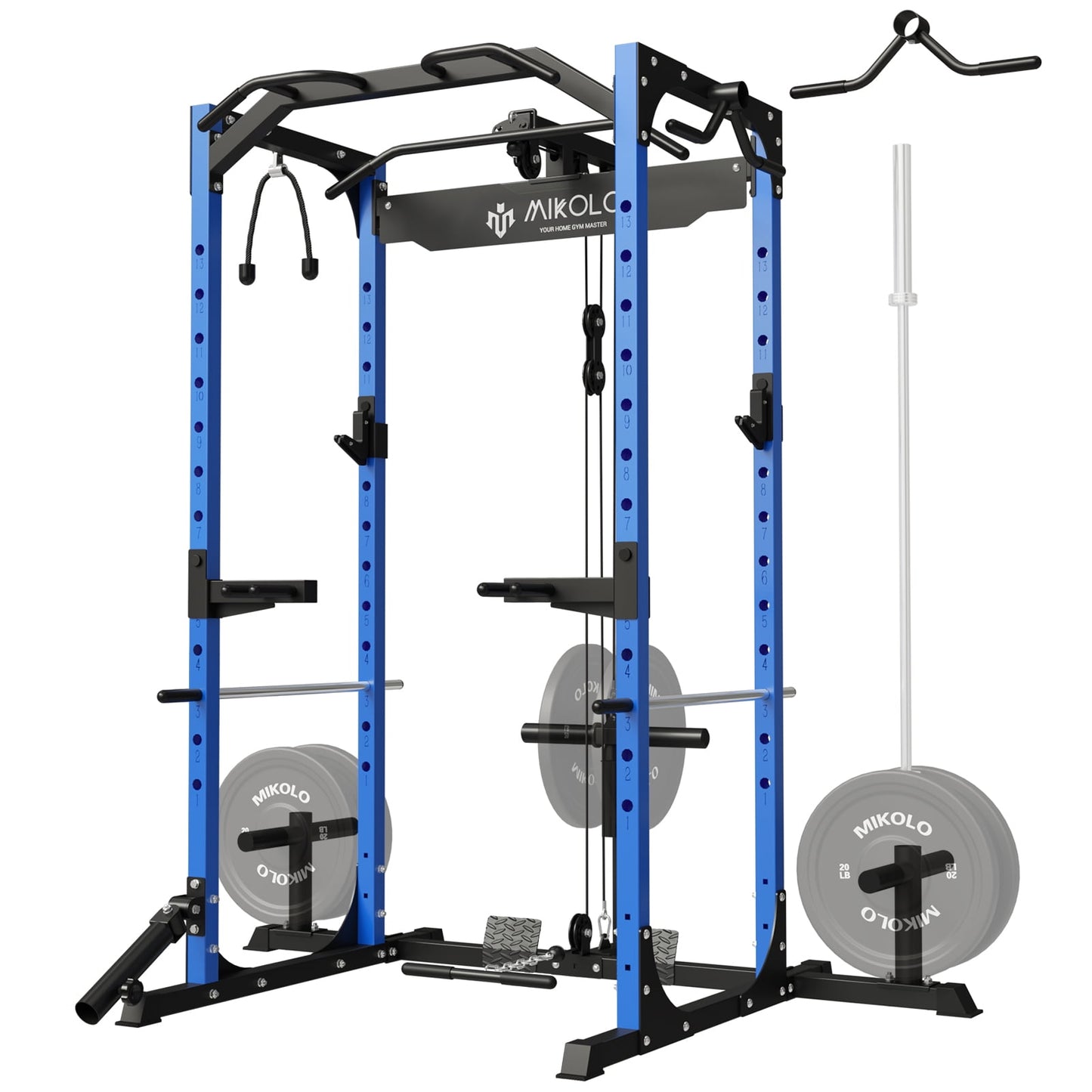 Mikolo Power Rack Cage with LAT Pulldown System, 1200LBS Capacity Power Rack, Multi-Functional Squat Rack with 13-Level Adjustable Height and J-Hooks, Dip Bars, T-Bar, Squat Cage(Upgraded)