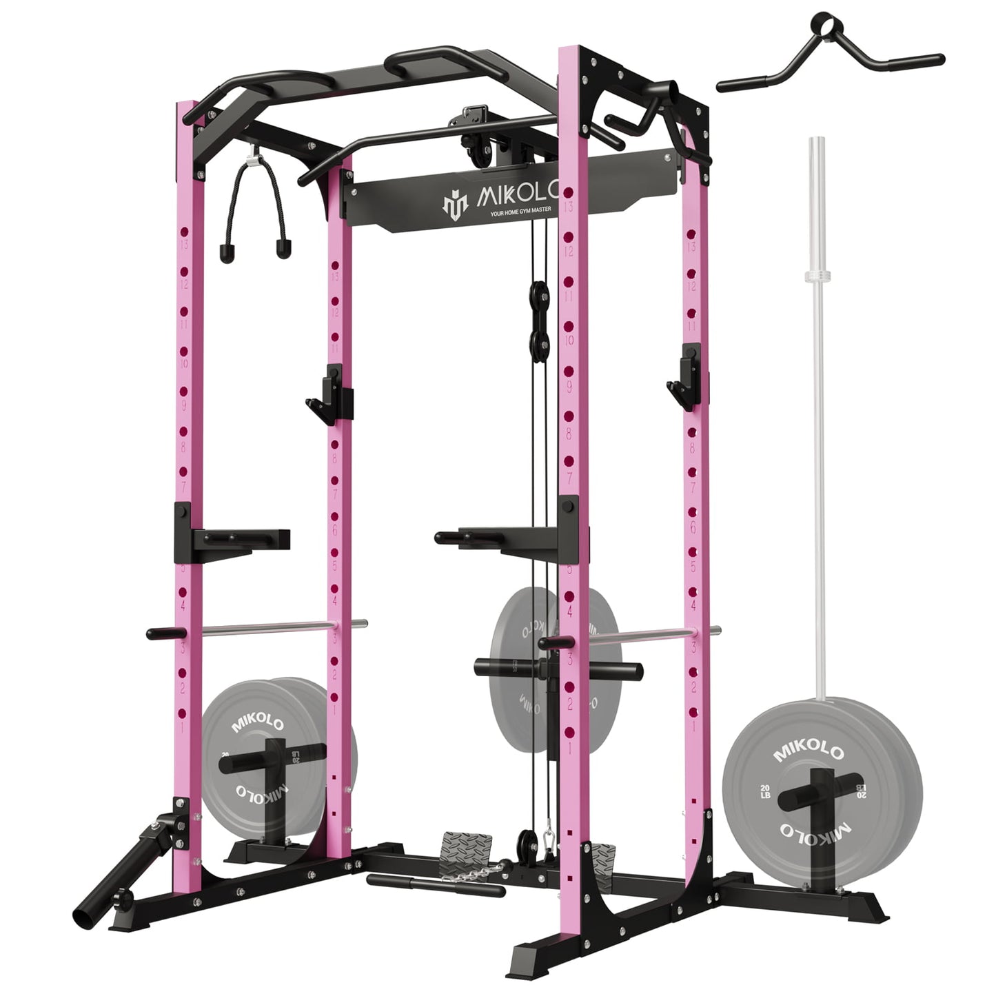 Mikolo Power Rack Cage with LAT Pulldown System, 1200LBS Capacity Power Rack, Multi-Functional Squat Rack with 13-Level Adjustable Height and J-Hooks, Dip Bars, T-Bar, Squat Cage(Upgraded)