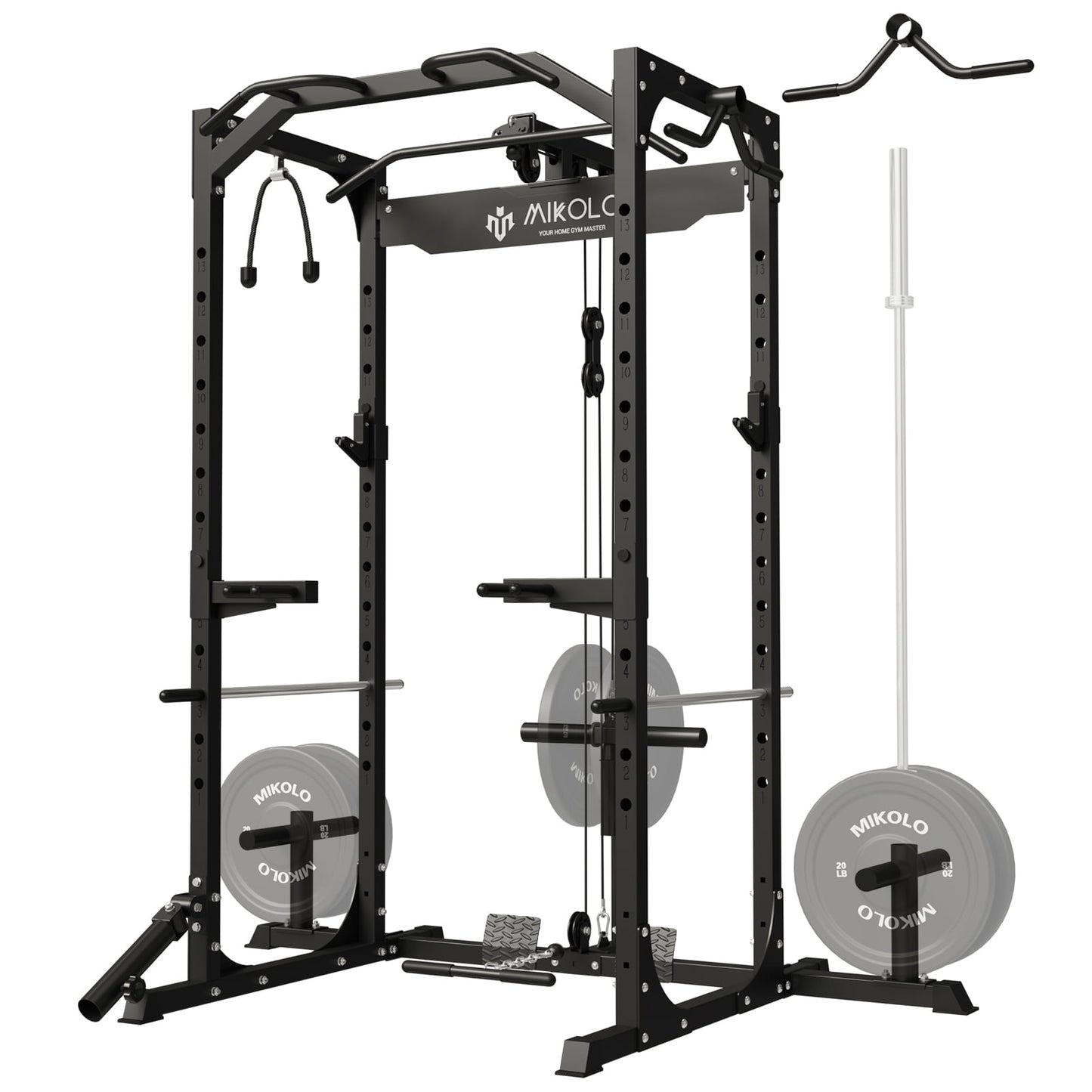 Mikolo Power Rack Cage with LAT Pulldown System, 1200LBS Capacity Power Rack, Multi-Functional Squat Rack with 13-Level Adjustable Height and J-Hooks, Dip Bars, T-Bar, Squat Cage(Upgraded)