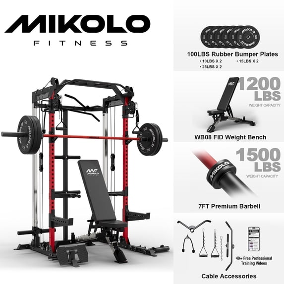 Mikolo Power Rack Cage, Weight Rack with Dual Pulley Cable Crossover Machine,Multi-Function Squat Rack with J Hooks,Dip Bars and Landmine for Home Gym (Black)