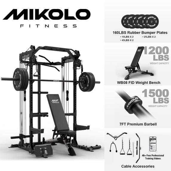 Mikolo Power Rack Cage, Weight Rack with Dual Pulley Cable Crossover Machine,Multi-Function Squat Rack with J Hooks,Dip Bars and Landmine for Home Gym (Black)