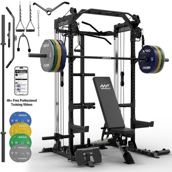 Mikolo Power Rack Cage, Weight Rack with Dual Pulley Cable Crossover Machine,Multi-Function Squat Rack with J Hooks,Dip Bars and Landmine for Home Gym (Black)