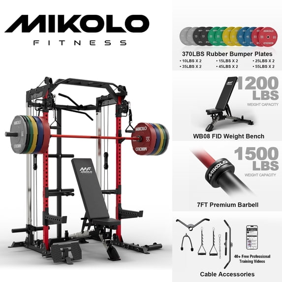 Mikolo Power Rack Cage, Weight Rack with Dual Pulley Cable Crossover Machine,Multi-Function Squat Rack with J Hooks,Dip Bars and Landmine for Home Gym (Black)