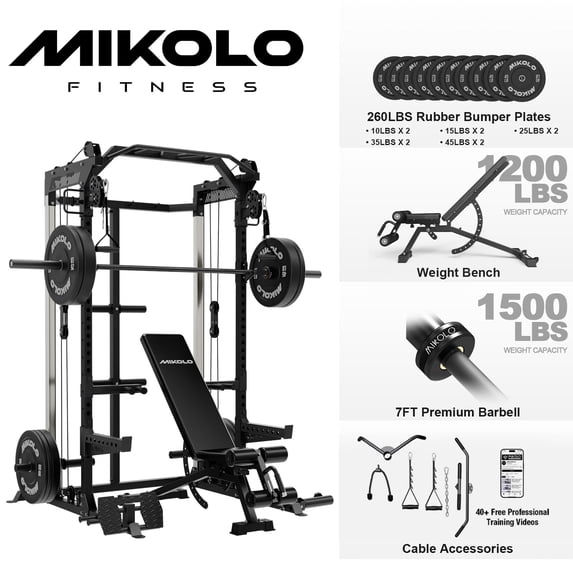 Mikolo Power Rack Cage, Weight Rack with Dual Pulley Cable Crossover Machine,Multi-Function Squat Rack with J Hooks,Dip Bars and Landmine for Home Gym (Black)