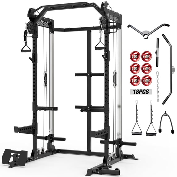 Mikolo Power Rack Cage, Weight Rack with Dual Pulley Cable Crossover Machine,Multi-Function Squat Rack with J Hooks,Dip Bars and Landmine for Home Gym (Black)