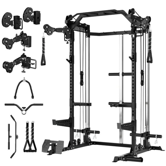 Mikolo Power Rack Cage, Weight Rack with Dual Pulley Cable Crossover Machine,Multi-Function Squat Rack with J Hooks,Dip Bars and Landmine for Home Gym (Black)