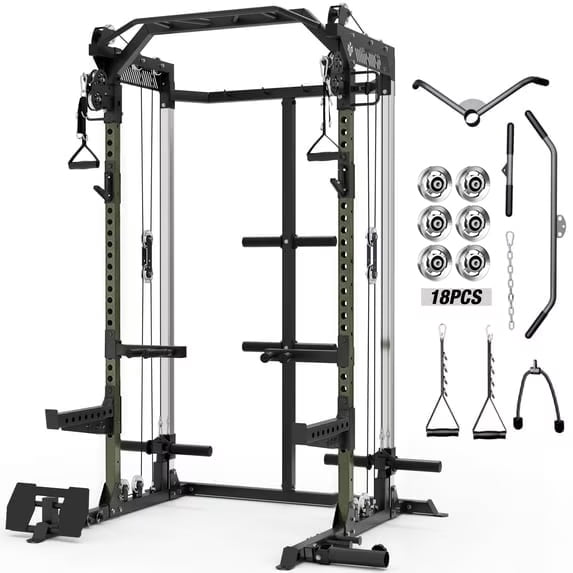 Mikolo Power Rack Cage, Weight Rack with Dual Pulley Cable Crossover Machine,Multi-Function Squat Rack with J Hooks,Dip Bars and Landmine for Home Gym (Black)