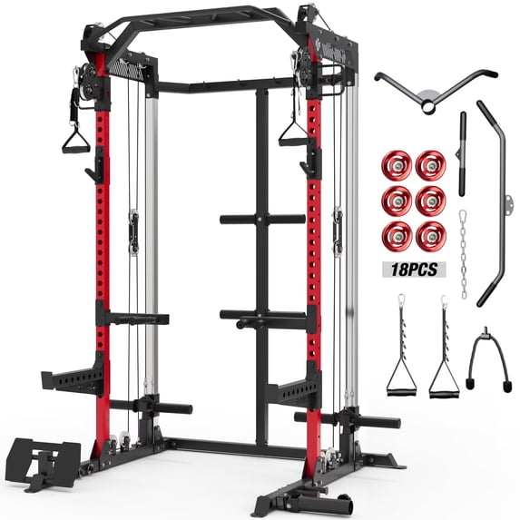 Mikolo Power Rack Cage, Weight Rack with Dual Pulley Cable Crossover Machine,Multi-Function Squat Rack with J Hooks,Dip Bars and Landmine for Home Gym (Black)