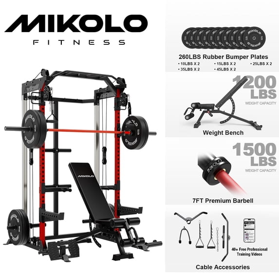 Mikolo Power Rack Cage, Weight Rack with Dual Pulley Cable Crossover Machine,Multi-Function Squat Rack with J Hooks,Dip Bars and Landmine for Home Gym (Black)