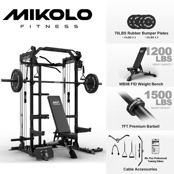 Mikolo Power Rack Cage, Weight Rack with Dual Pulley Cable Crossover Machine,Multi-Function Squat Rack with J Hooks,Dip Bars and Landmine for Home Gym (Black)