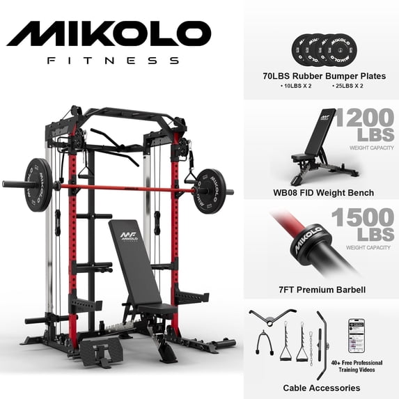Mikolo Power Rack Cage, Weight Rack with Dual Pulley Cable Crossover Machine,Multi-Function Squat Rack with J Hooks,Dip Bars and Landmine for Home Gym (Black)