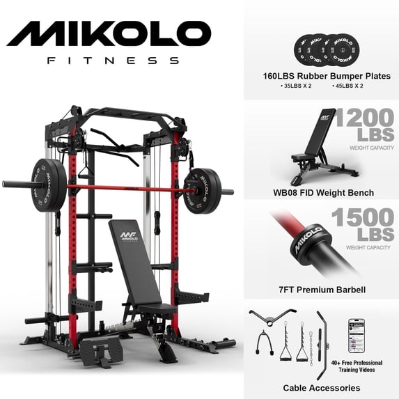 Mikolo Power Rack Cage, Weight Rack with Dual Pulley Cable Crossover Machine,Multi-Function Squat Rack with J Hooks,Dip Bars and Landmine for Home Gym (Black)