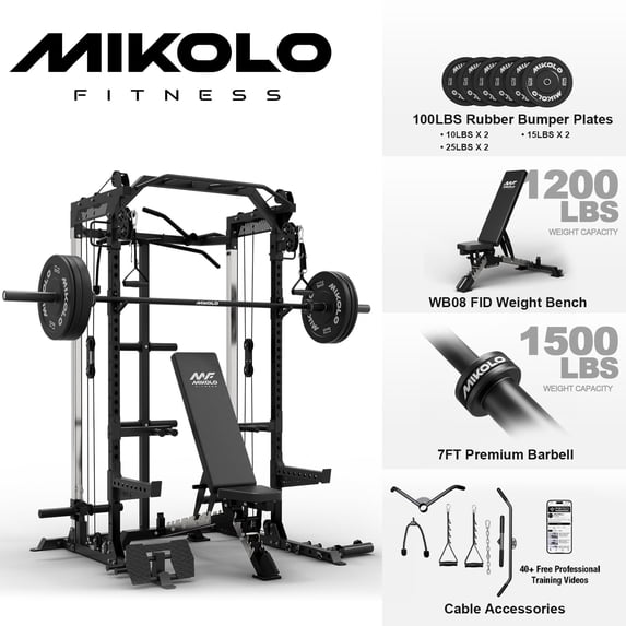 Mikolo Power Rack Cage, Weight Rack with Dual Pulley Cable Crossover Machine,Multi-Function Squat Rack with J Hooks,Dip Bars and Landmine for Home Gym (Black)