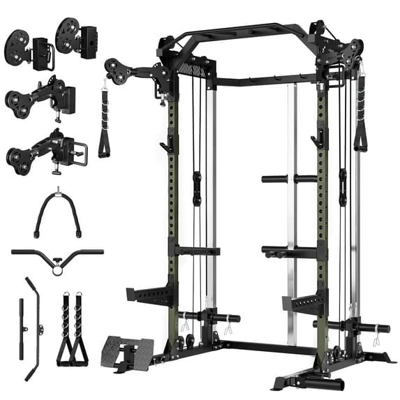 Mikolo Power Rack Cage, Weight Rack with Dual Pulley Cable Crossover Machine,Multi-Function Squat Rack with J Hooks,Dip Bars and Landmine for Home Gym (Black)