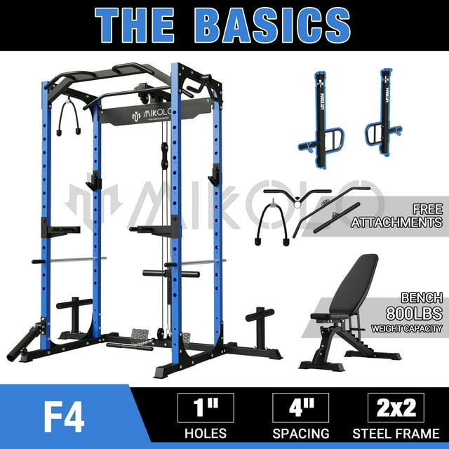 Mikolo Power Rack Cage with LAT Pulldown System,1200 lbs Capacity Power Rack with 800 lbs Capacity Weight Bench and Jammer Arm Combo (Upgraded)