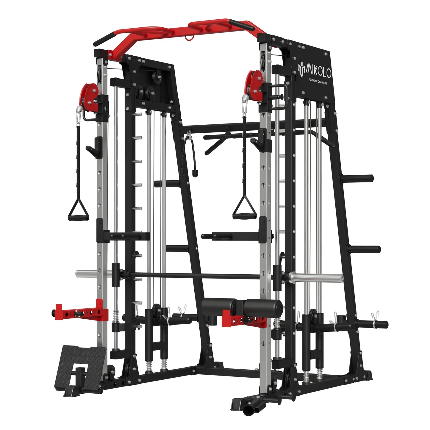 Mikolo Smith Machine, 2200lbs Squat Rack with LAT-Pull Down System & Cable Crossover Machine, Training Equipment with Leg Hold-Down Attachment