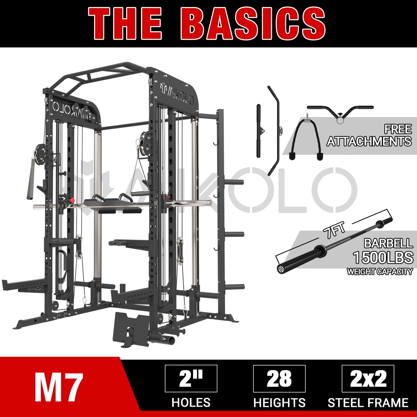 Mikolo Smith Machine, All-in-One Power Rack Cage with Adjustable Cable Crossover, Vertical Leg Press and Smith Bar, Multifunctional Squat Rack with J Hook, Spotter Arms and Other