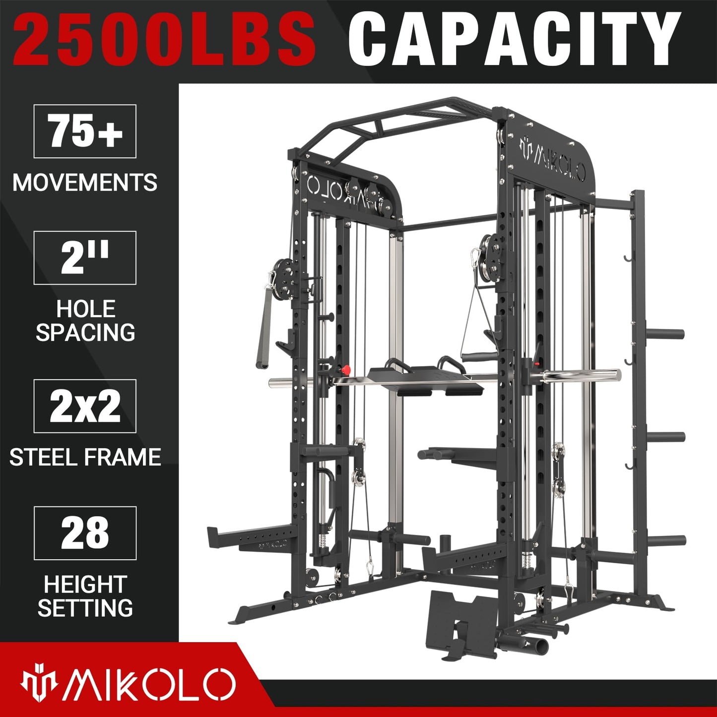 Mikolo Smith Machine, All-in-One Power Rack Cage with Adjustable Cable Crossover, Vertical Leg Press and Smith Bar, Multifunctional Squat Rack with J Hook, Spotter Arms and Other