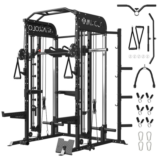 Mikolo Smith Machine, All-in-One Power Rack Cage with Adjustable Cable Crossover, Vertical Leg Press and Smith Bar, Multifunctional Squat Rack with J Hook, Spotter Arms and Other