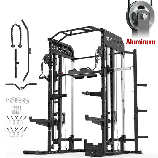 Mikolo Smith Machine, All-in-One Power Rack Cage with Vertical Leg Press, 2000LBS Power Cage Squat Rack with Smith Bar, Dual Pulley Cable Crossover System for Home gym
