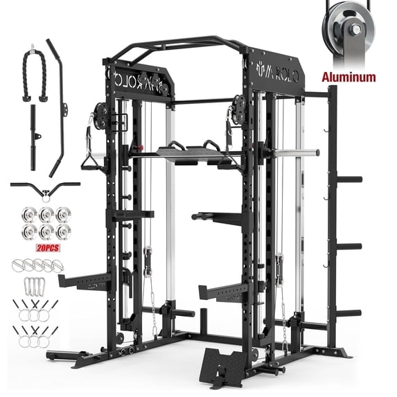 Mikolo Smith Machine, All-in-One Power Rack Cage with Vertical Leg Press, 2000LBS Power Cage Squat Rack with Smith Bar, Dual Pulley Cable Crossover System for Home Gym with Adjustable Dumbbells
