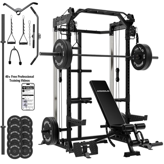 Mikolo Red Power Rack Cage with Dual Pulley Cable Crossover Machine,Multi-Function Squat Rack with J Hooks,Dip Bars and Landmine for Home Gym with 370 Black Weight Plates