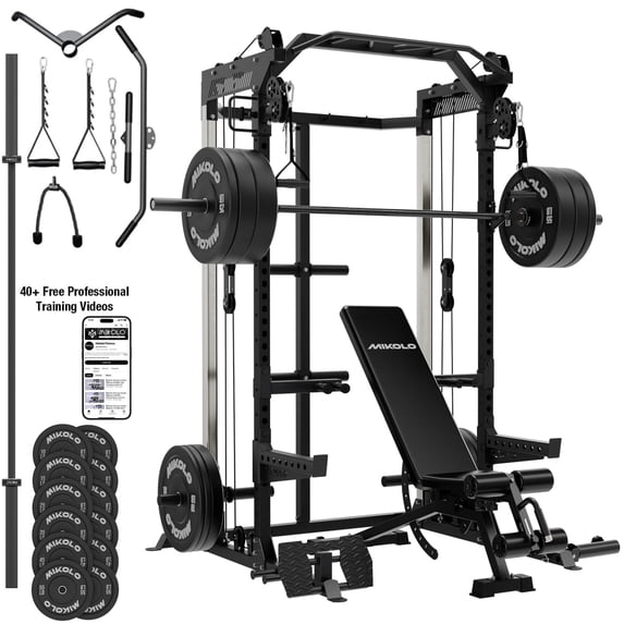 Mikolo Red Power Rack Cage with Dual Pulley Cable Crossover Machine,Multi-Function Squat Rack with J Hooks,Dip Bars and Landmine for Home Gym with 370 Black Weight Plates