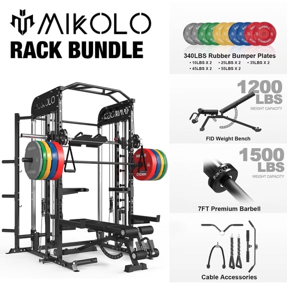 Mikolo Smith Machine, All-in-One Power Rack Cage with Vertical Leg Press, 2000LBS Power Cage Squat Rack with Smith Bar, Dual Pulley Cable Crossover System for Home gym