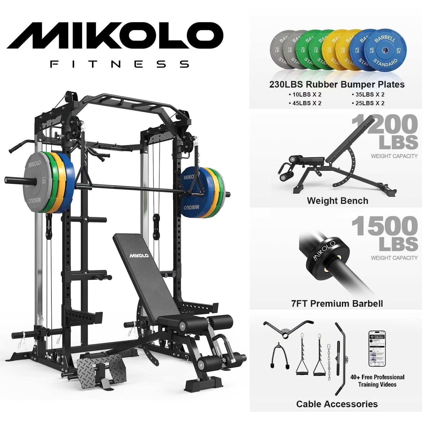 Mikolo Power Rack Cage, Weight Rack with Dual Pulley Cable Crossover Machine,Multi-Function Squat Rack with J Hooks,Dip Bars and Landmine for Home Gym (Black)
