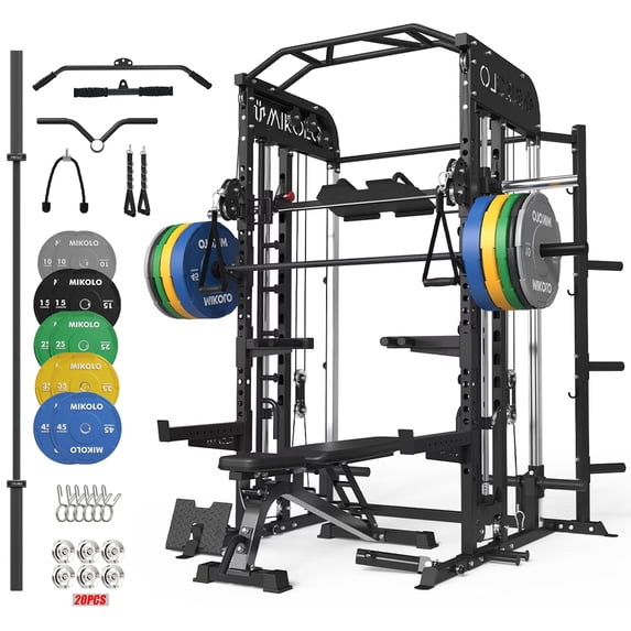 Mikolo All-in-One Power Rack with Smith Machine, Leg Press & Lat Pulldown, 2000LBS Squat Rack Cage for Home Gym, Includes Weight Bench, Barbell and 230LB Colorful Weight Plates