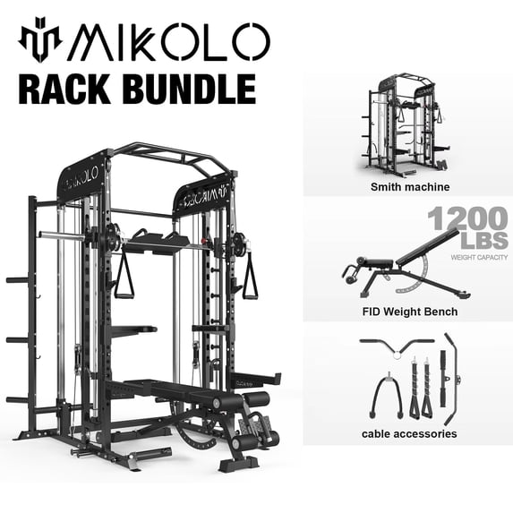 Mikolo Smith Machine, All-in-One Power Rack Cage with Vertical Leg Press, 2000LBS Power Cage Squat Rack with Smith Bar, Dual Pulley Cable Crossover System for Home Gym with Adjustable Dumbbells