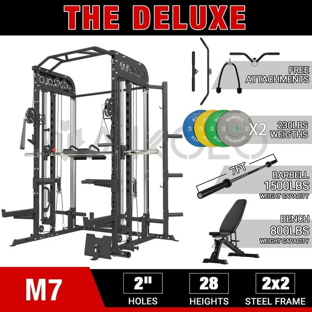 Mikolo Smith Machine, All-in-One Power Rack Cage with Adjustable Cable Crossover, Vertical Leg Press and Smith Bar, Multifunctional Squat Rack with J Hook, Spotter Arms and Other