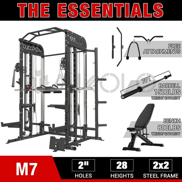 Mikolo Smith Machine, All-in-One Power Rack Cage with Adjustable Cable Crossover, Vertical Leg Press and Smith Bar, Multifunctional Squat Rack with J Hook, Spotter Arms and Other