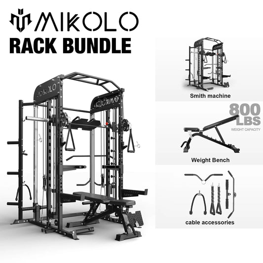 Mikolo Smith Machine, All-in-One Power Rack Cage with Adjustable Cable Crossover, Vertical Leg Press and Smith Bar with 800 lbs Capacity Weight Bench