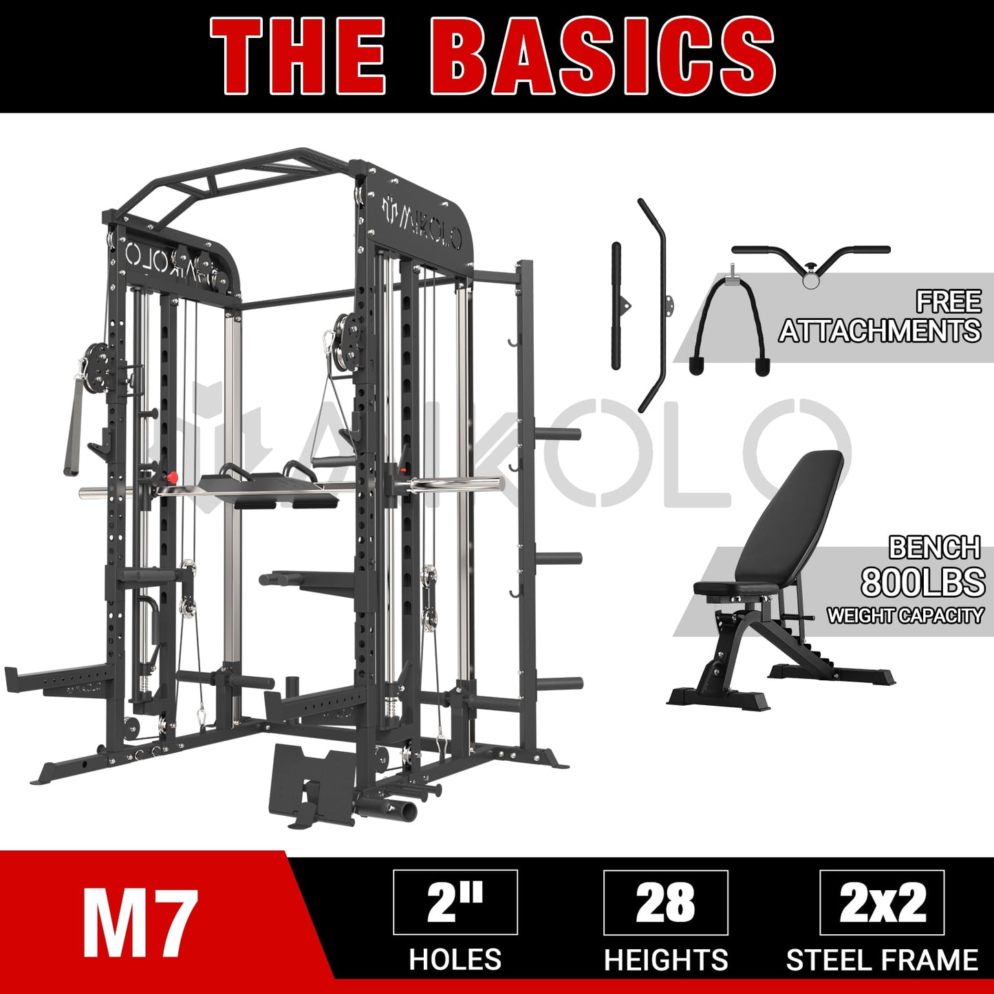 Mikolo Smith Machine, All-in-One Power Rack Cage with Adjustable Cable Crossover, Vertical Leg Press and Smith Bar, Multifunctional Squat Rack with J Hook, Spotter Arms and Other