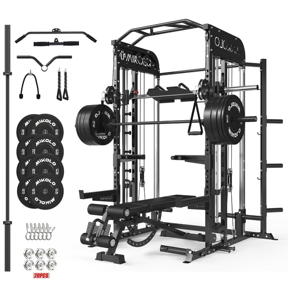 Mikolo All-in-One Power Rack with Smith Machine, Leg Press & Lat Pulldown, 2000LBS Squat Rack Cage for Home Gym, Includes Weight Bench, Barbell and 230LB Colorful Weight Plates