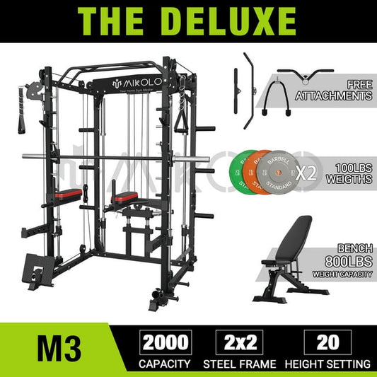 Mikolo Smith Machine Home Gym, 2000 lbs Power Rack Cage with Cable Crossover, Smith Cage with 800LB Capacity Adjustable Weight Bench and 100 lbs Weight Plate, Total Body Strength Training Cage