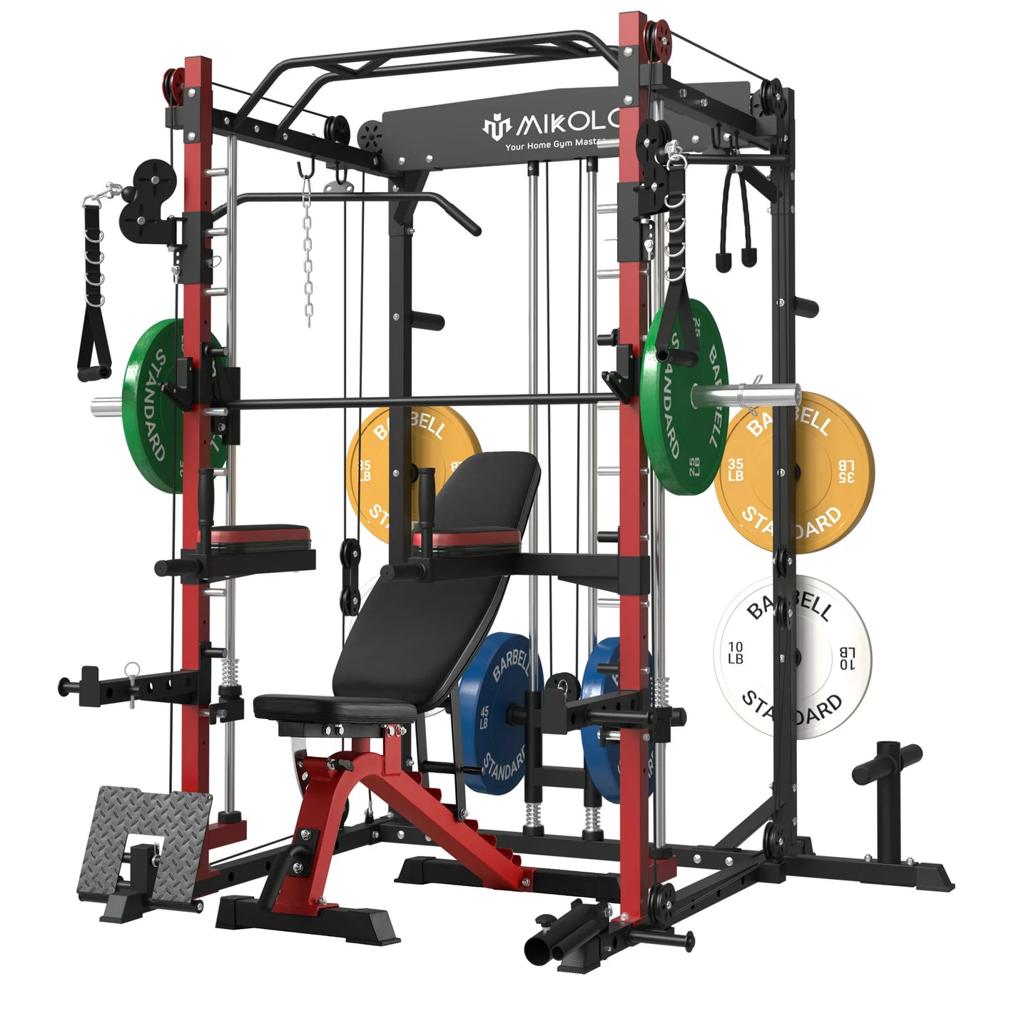 Mikolo Smith Machine Home Gym, 2000 lbs Power Rack Cage with Cable Crossover, Smith Cage with 800LB Capacity Adjustable Weight Bench and 230 lbs Weight Plate, Total Body Strength Training Cage