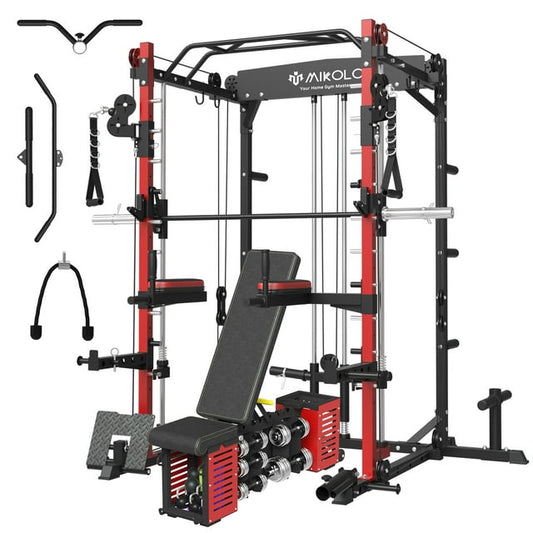 Mikolo Smith Machine Home Gym, 2000lbs Squat Rack with 1000 lbs Weight Storage Bench Combo, Training Equipment with LAT-Pull Down System & Cable Crossover Machine