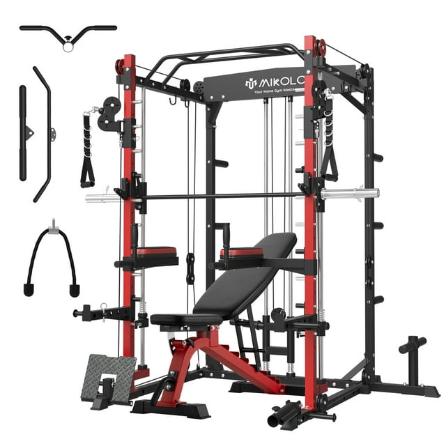 Mikolo Smith Machine Home Gym, 2000lbs Squat Rack with 800 lbs Weight Bench Combo, Training Equipment with LAT-Pull Down System & Cable Crossover Machine