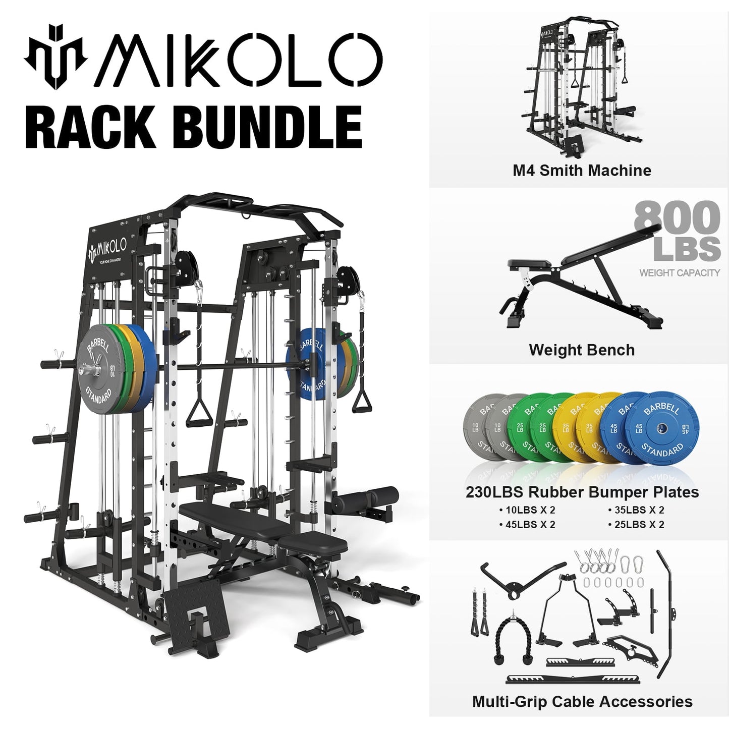 Mikolo Smith Machine Home Gym, 2200 lbs Power Rack Cage with Cable Crossover, Smith Cage with 800LB Capacity Adjustable Weight Bench and 230 lbs Weight Plate, Total Body Strength Training Cage