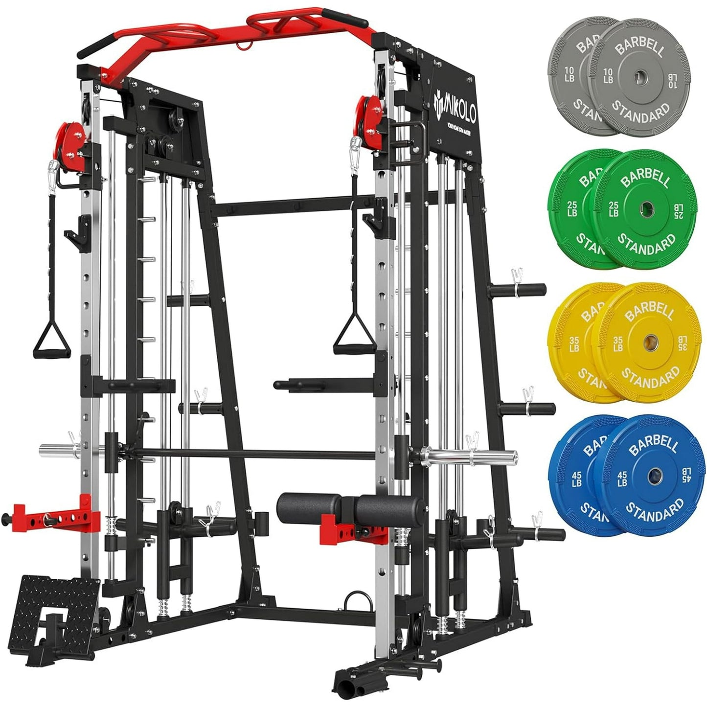 Mikolo Smith Machine Home Gym, 2200 lbs Power Rack Cage with Cable Crossover, Weight Bar, 360° Landmine, Barbell Holders and Other Attachments, Total Body Strength Training Cage