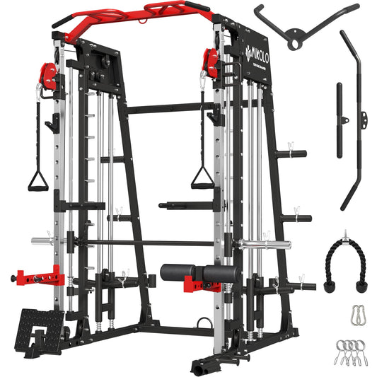 Mikolo Smith Machine Home Gym, 2200 lbs Power Rack Cage with Cable Crossover, Weight Bar, 360° Landmine, Barbell Holders and Other Attachments, Total Body Strength Training Cage