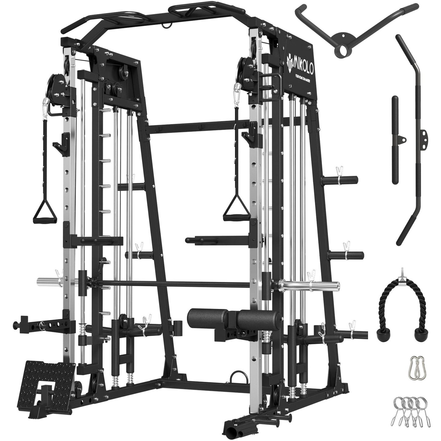 Mikolo Smith Machine Home Gym, 2200 lbs Power Rack Cage with Cable Crossover, Weight Bar, 360° Landmine, Barbell Holders and Other Attachments, Total Body Strength Training Cage