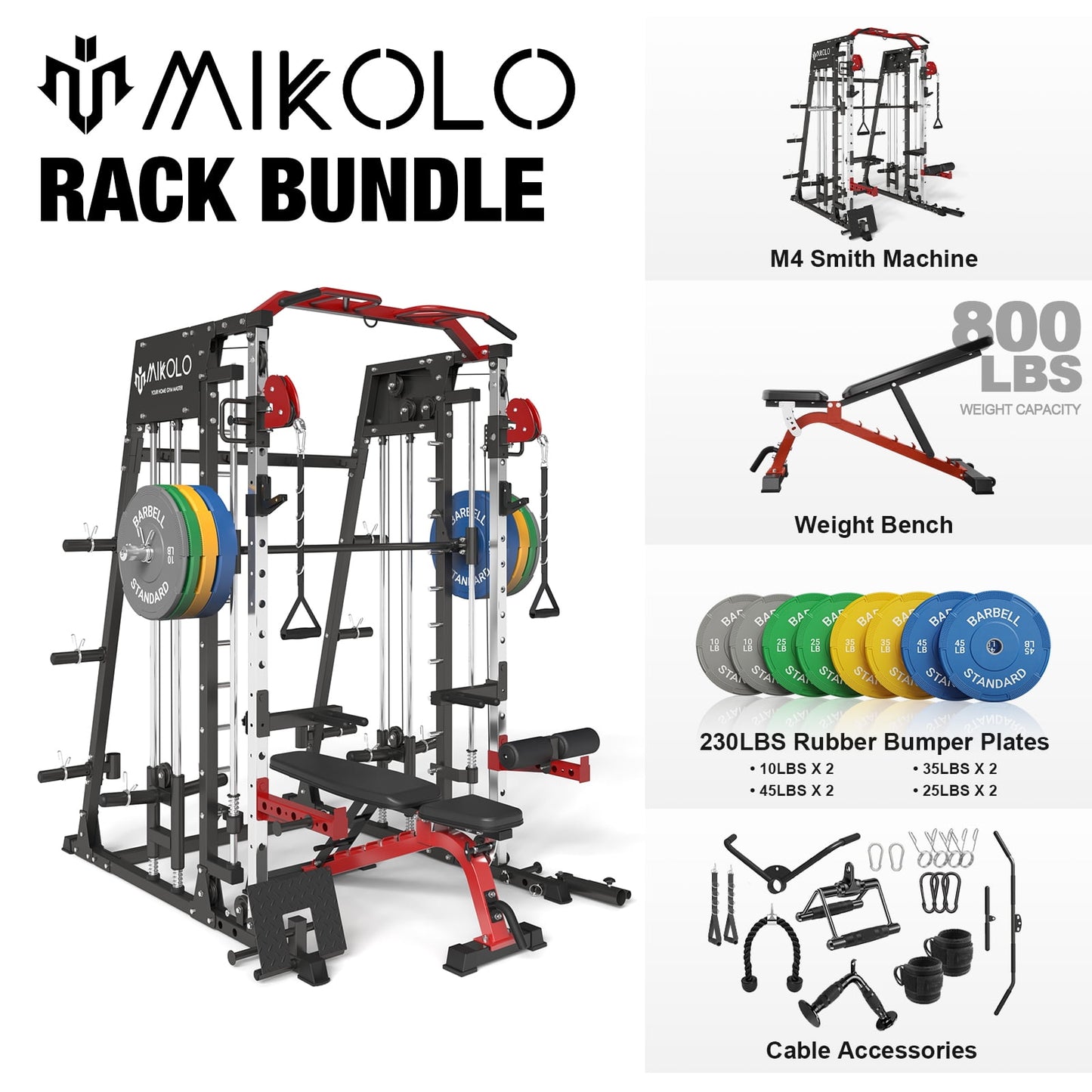 Mikolo Smith Machine Home Gym, 2200 lbs Power Rack Cage with Cable Crossover, Smith Cage with 800LB Capacity Adjustable Weight Bench and 230 lbs Weight Plate, Total Body Strength Training Cage