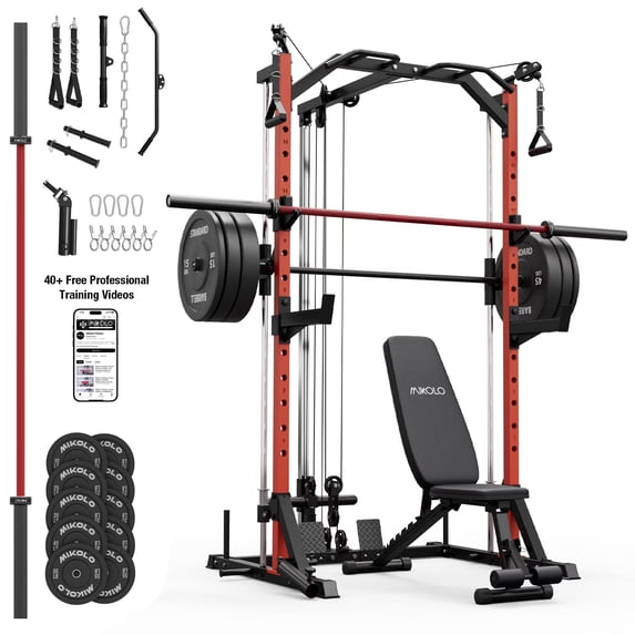Mikolo Smith Machine Home Gym, 7-in-1 Multi-Function Squat Rack with Cable Crossover, 1000LBS Workout Station with Smith Bar, Barbell, and Weight Bench and 10lb/25lb x2 Weight Plates